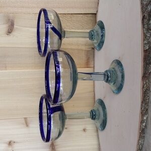 Blown Recycled and Cobalt Blue Glass Margarita Glasses PAIR plus Spare